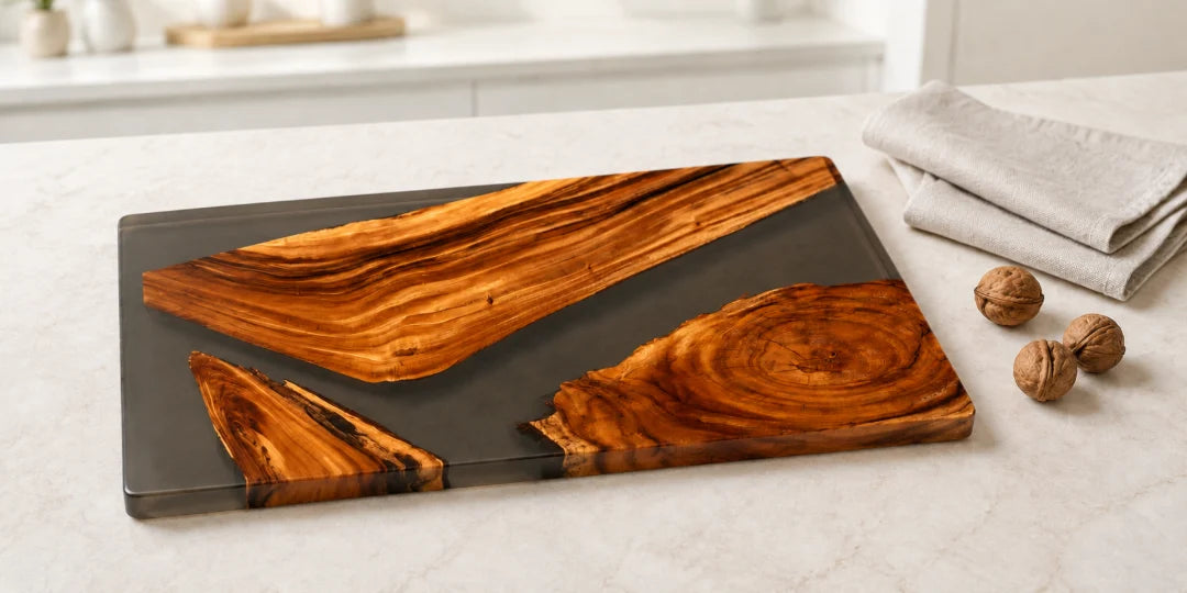SB09 Smoke Islands smoky gray epoxy serving board with handcrafted resin and natural-grain detail