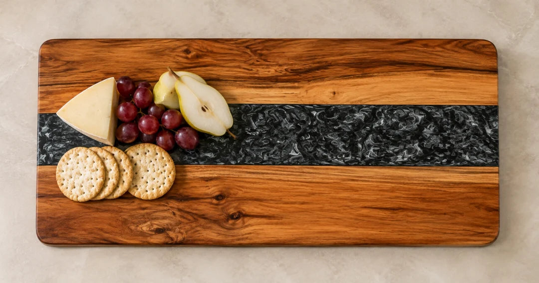 SB10 Black Crystal Run black silver epoxy serving board with handcrafted resin and natural-grain detail