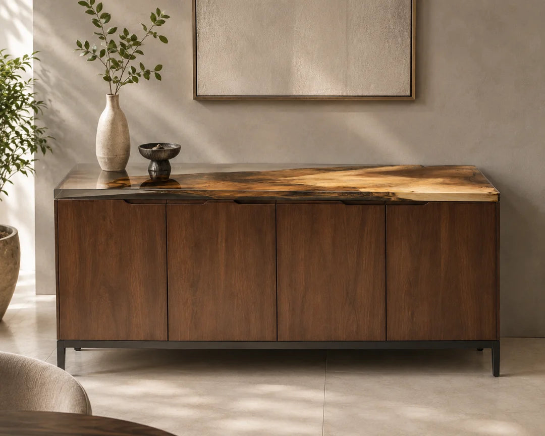 SC01 Golden Drift clear amber sideboard and credenza with handcrafted resin and natural-grain detail