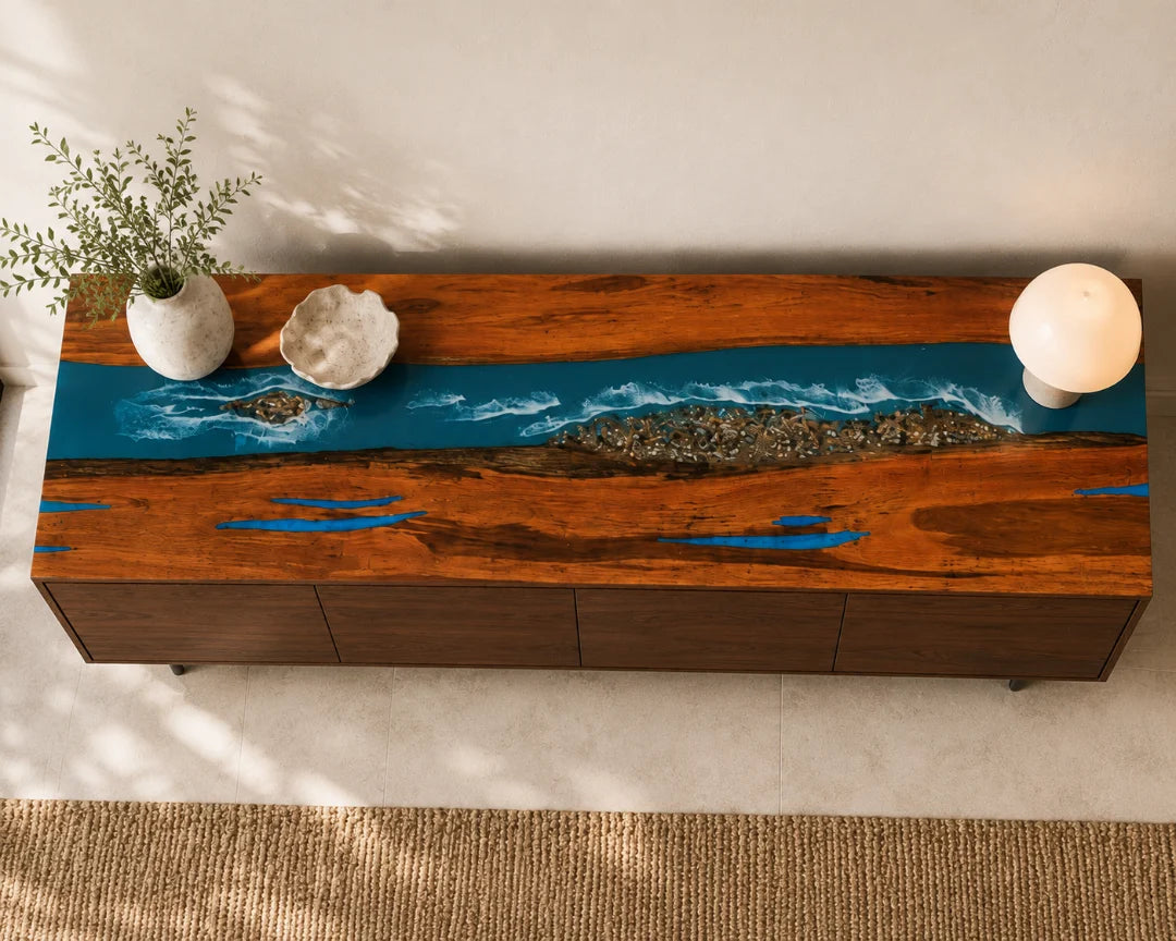 Coastal Line Ocean Blue and Pearl White Epoxy Sideboard and Credenza SC02