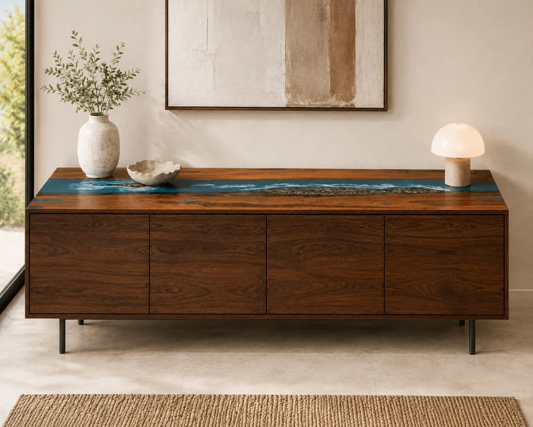 SC02 Coastal Line ocean blue and pearl white sideboard and credenza with handcrafted resin and natural-grain detail