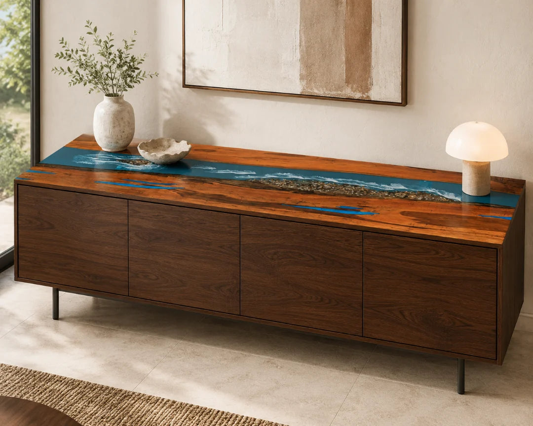 Coastal Line Ocean Blue and Pearl White Epoxy Sideboard and Credenza SC02