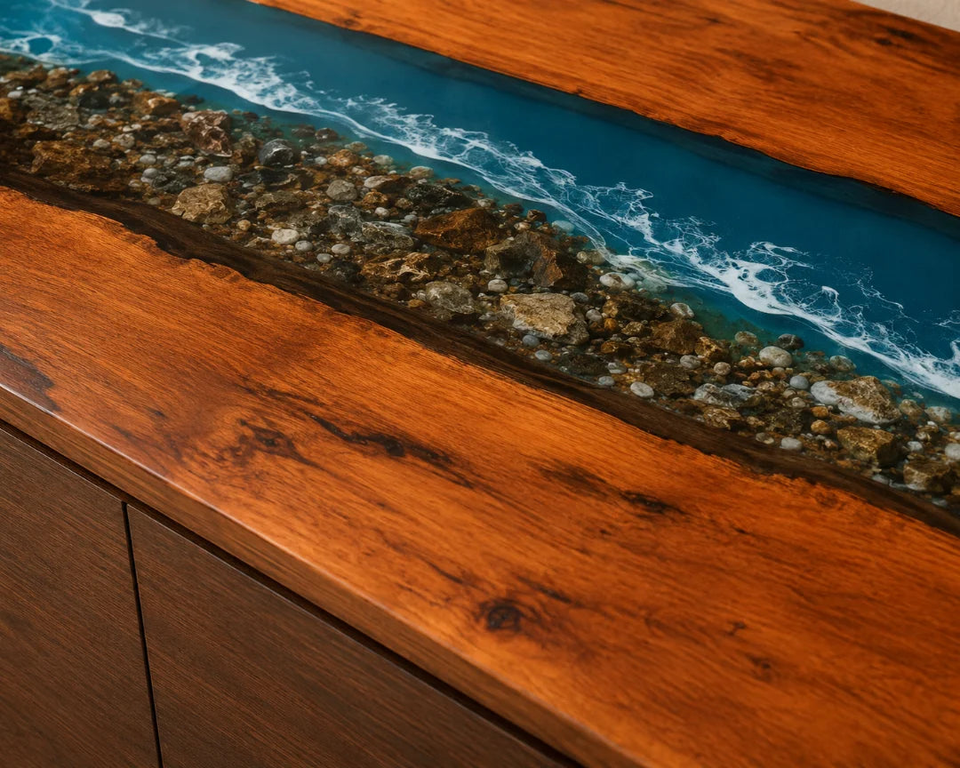 Coastal Line Ocean Blue and Pearl White Epoxy Sideboard and Credenza SC02