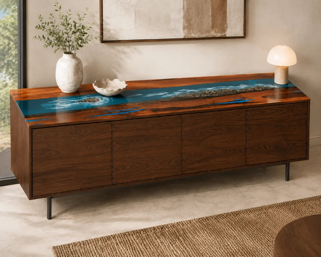 Coastal Line Ocean Blue and Pearl White Epoxy Sideboard and Credenza SC02