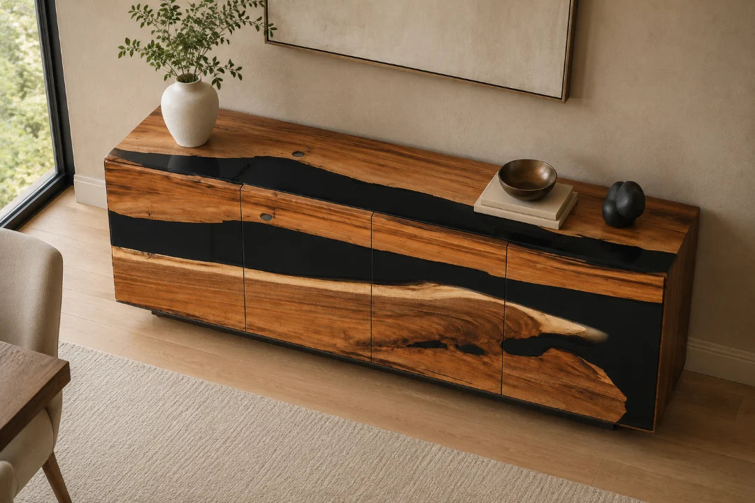 SC03 Black Passage jet black sideboard and credenza with handcrafted resin and natural-grain detail