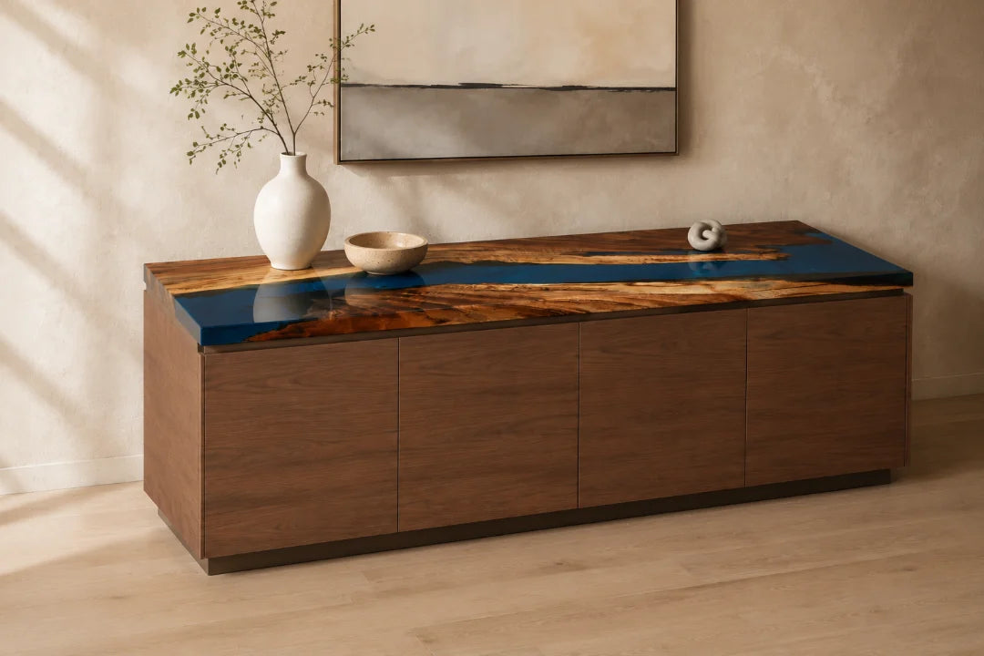 SC04 Blue Estuary ocean blue sideboard and credenza with handcrafted resin and natural-grain detail