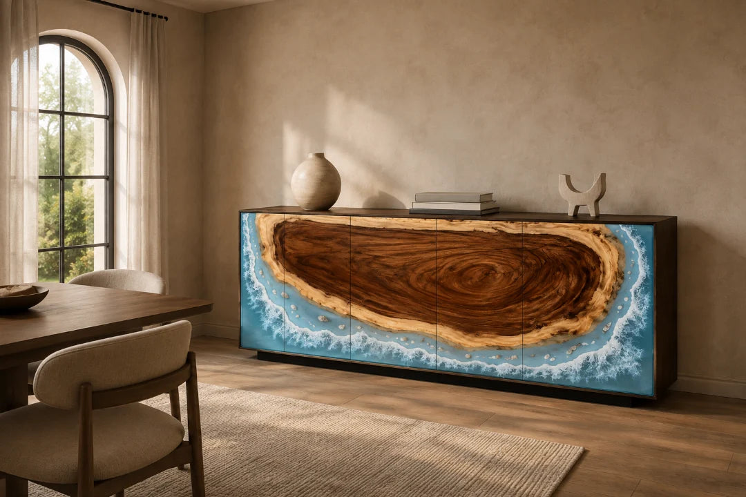 SC05 Island Surf ocean blue and pearl white sideboard and credenza with handcrafted resin and natural-grain detail