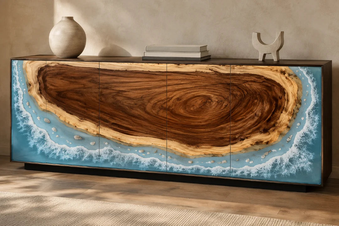 Island Surf Ocean Blue and Pearl White Epoxy Sideboard and Credenza SC05