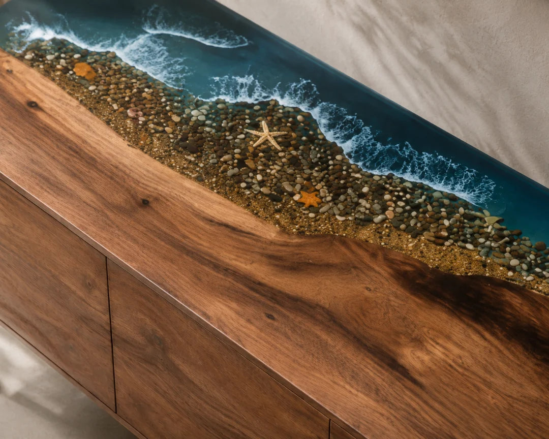 Tidal Shore Ocean Blue and Pearl White Epoxy Sideboard and Credenza SC06