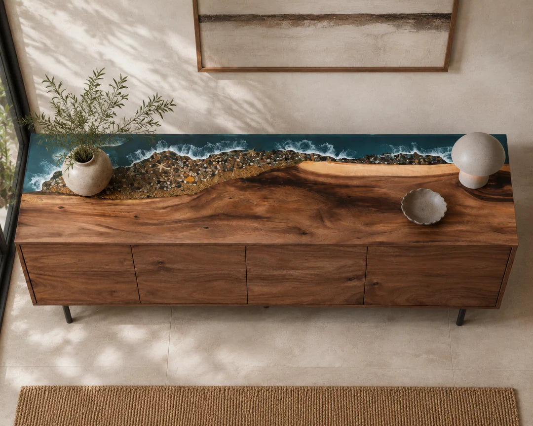 Tidal Shore Ocean Blue and Pearl White Epoxy Sideboard and Credenza SC06