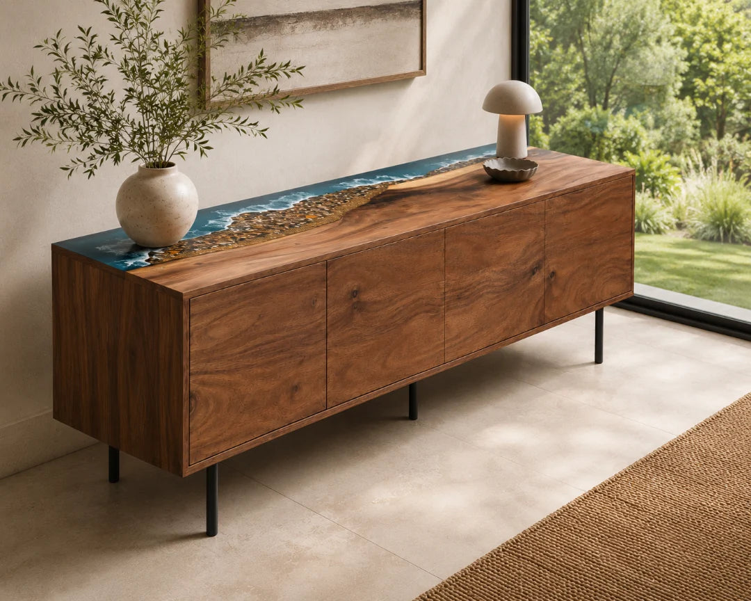 Tidal Shore Ocean Blue and Pearl White Epoxy Sideboard and Credenza SC06