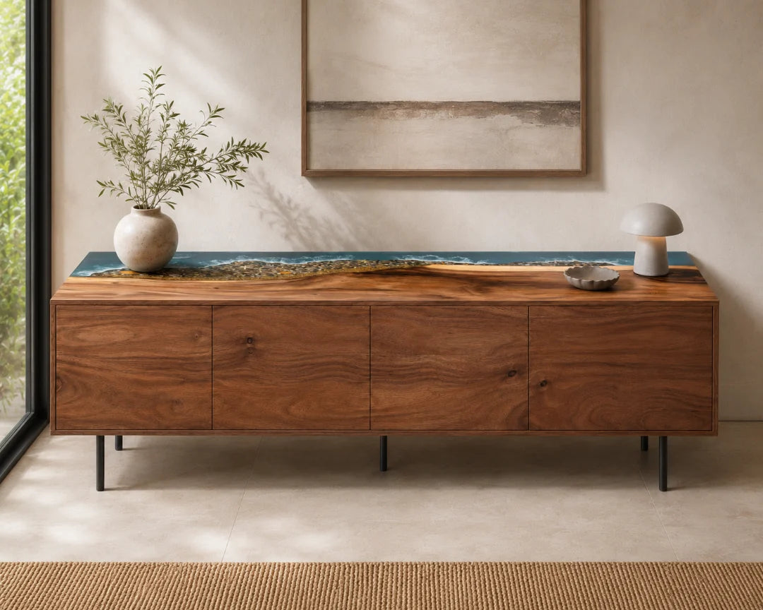 SC06 Tidal Shore ocean blue and pearl white sideboard and credenza with handcrafted resin and natural-grain detail