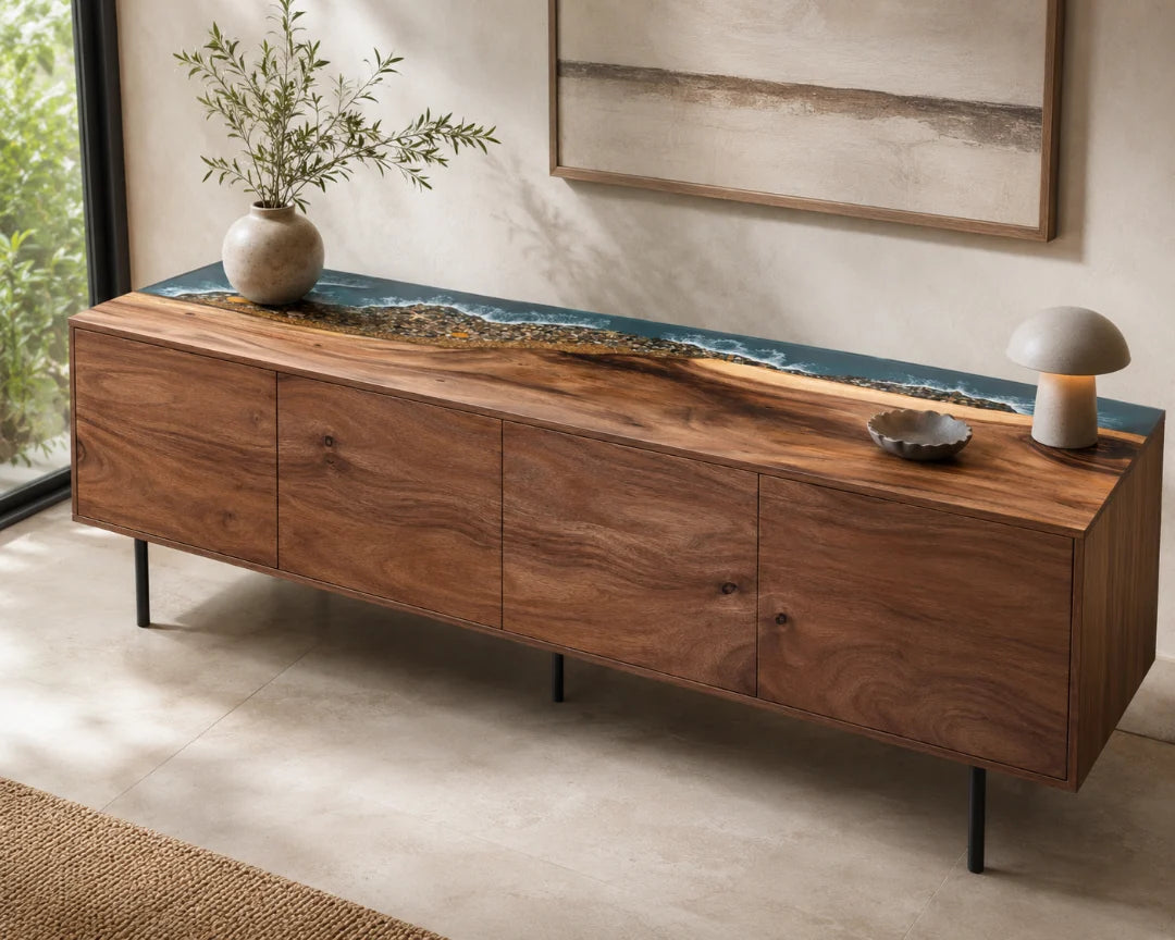 Tidal Shore Ocean Blue and Pearl White Epoxy Sideboard and Credenza SC06