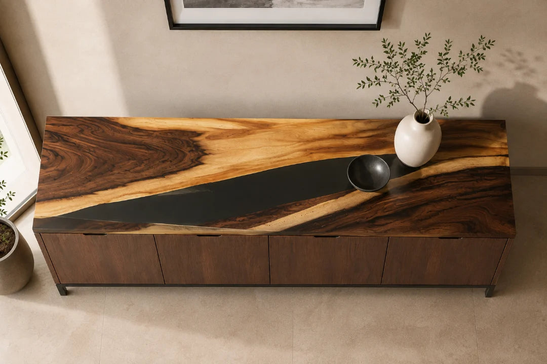 SC07 Night Divide jet black sideboard and credenza with handcrafted resin and natural-grain detail