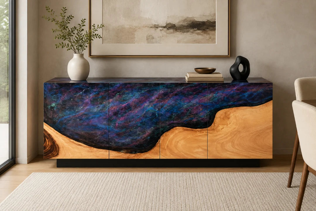 SC08 Galaxy Crest galaxy blue sideboard and credenza with handcrafted resin and natural-grain detail