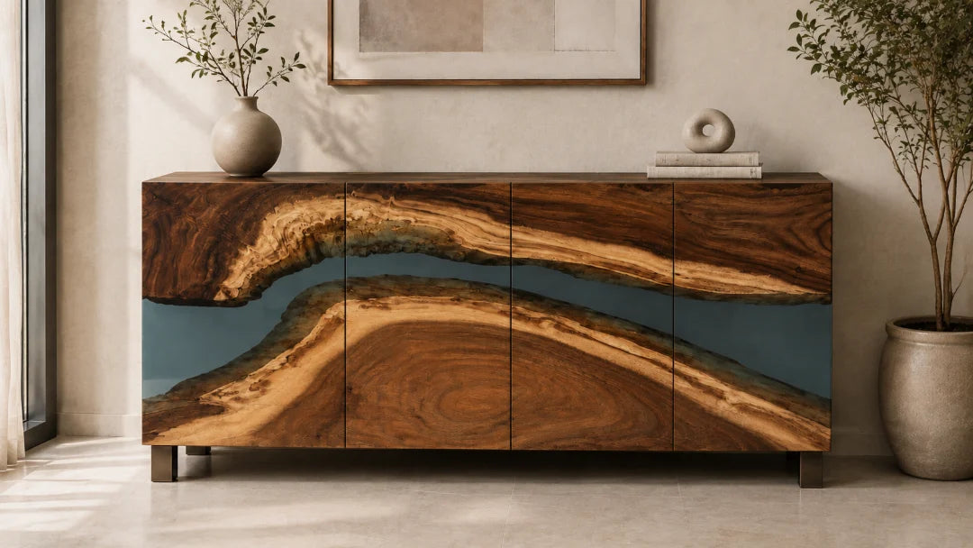 SC09 Silver Bend silver gray sideboard and credenza with handcrafted resin and natural-grain detail