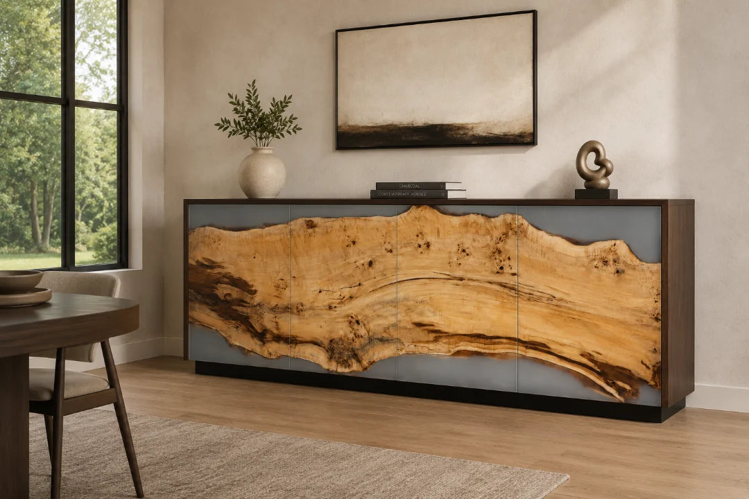 SC10 Silver Bend Light silver gray sideboard and credenza with handcrafted resin and natural-grain detail