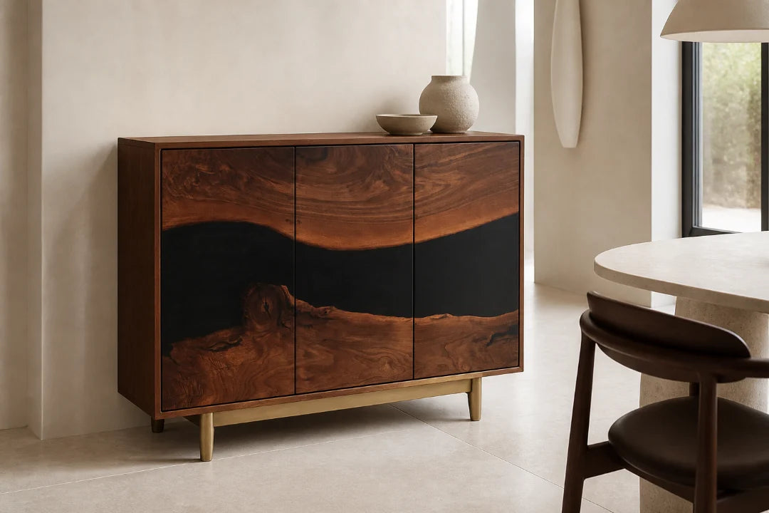SC11 Ember Valley smoky black sideboard and credenza with handcrafted resin and natural-grain detail