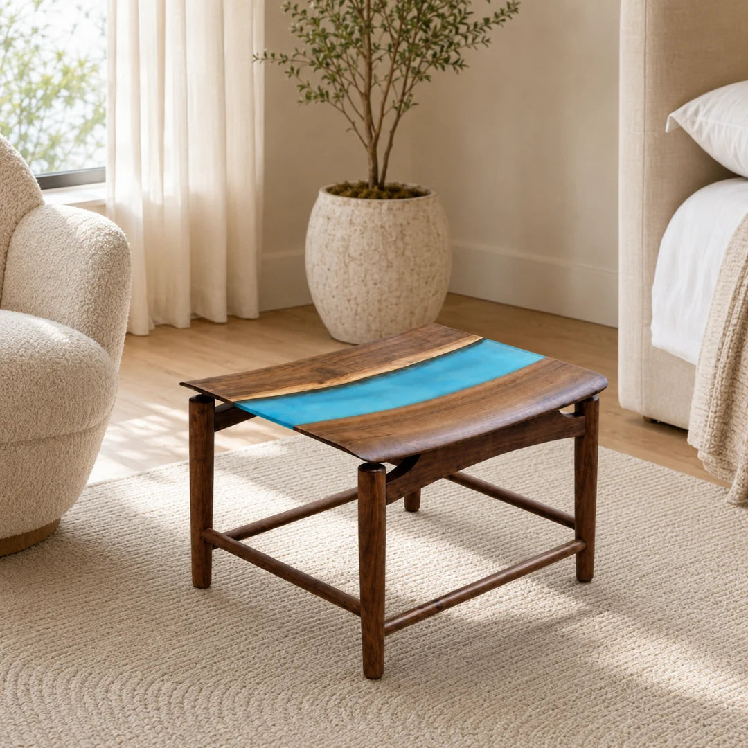 ST01 low wood stool with a turquoise epoxy river across the top