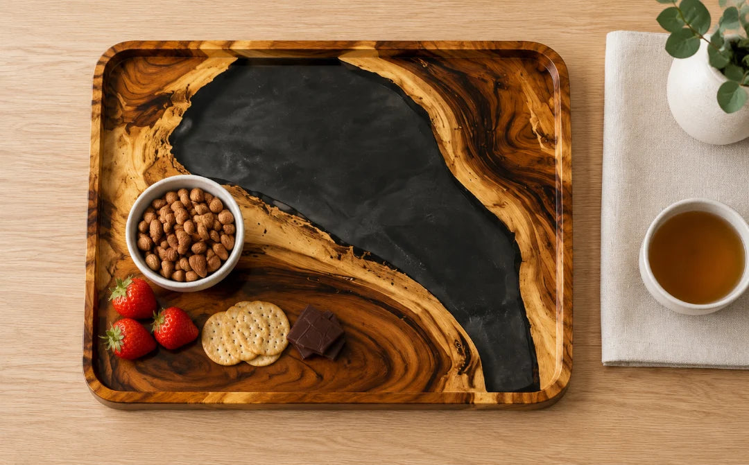 ST02 Black Cove jet black epoxy snack tray with handcrafted resin and natural-grain detail
