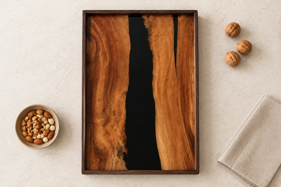 ST03 Deep Channel jet black epoxy snack tray with handcrafted resin and natural-grain detail