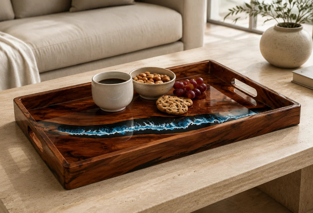 ST04 Breaking Tide ocean blue and pearl white epoxy snack tray with handcrafted resin and natural-grain detail