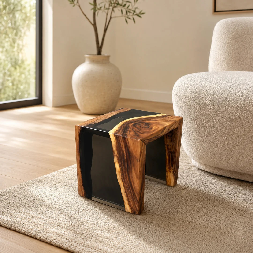 ST04 wood block stool with jet×black epoxy side and sculptural arch