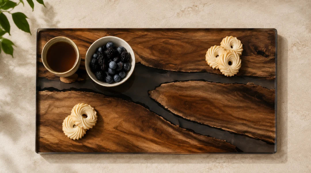 ST05 Shadow Pools smoky black epoxy snack tray with handcrafted resin and natural-grain detail