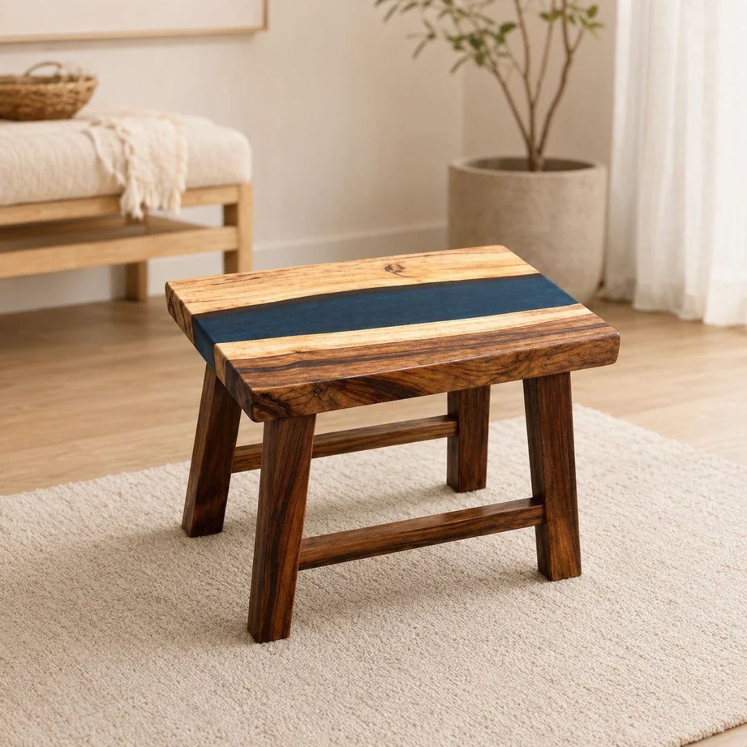 ST05 wood stool with a narrow blue channel through the seat