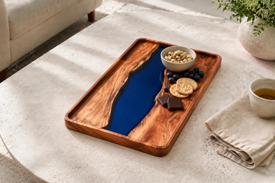 ST06 Cobalt Basin sapphire blue epoxy snack tray with handcrafted resin and natural-grain detail