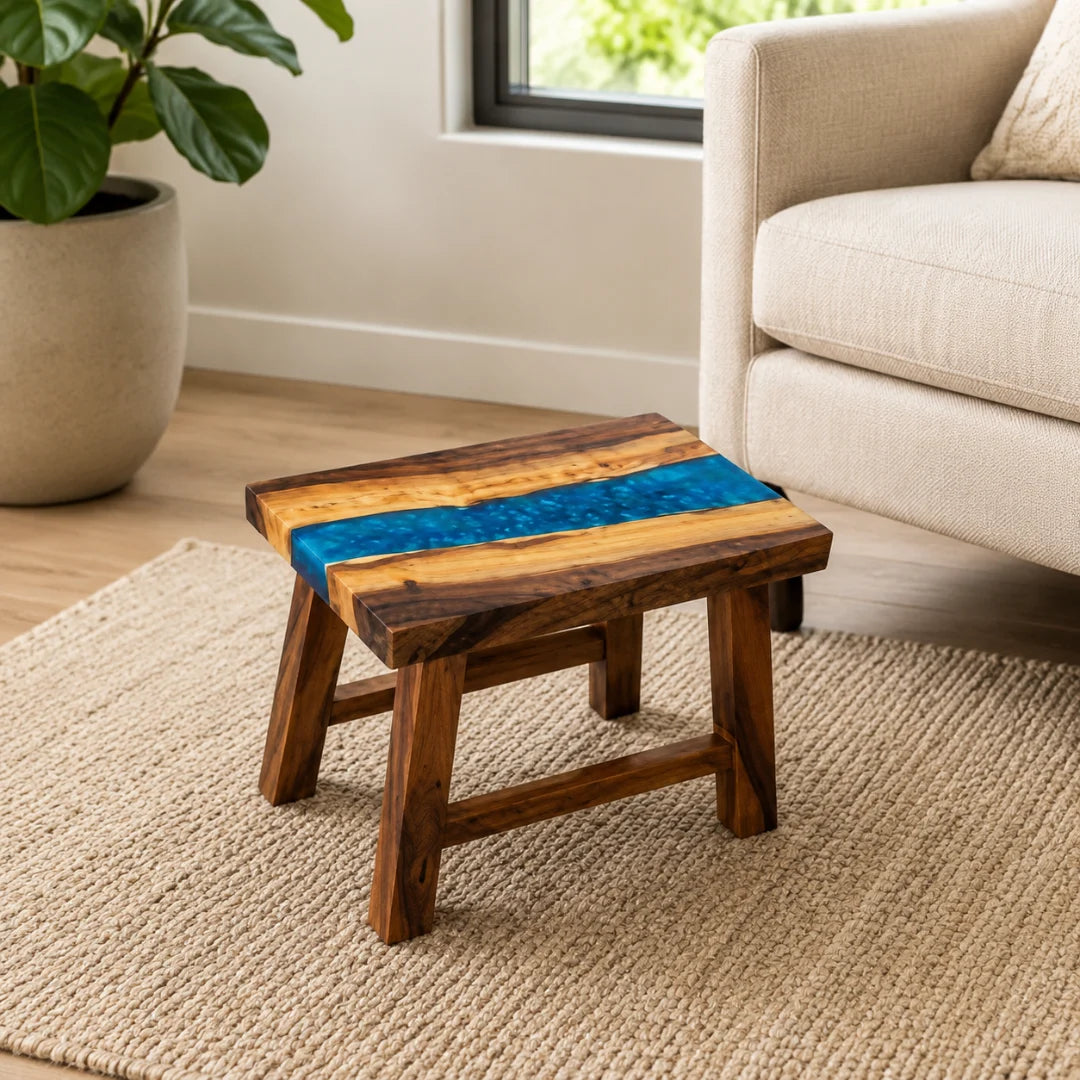 ST06 wood stool with bright turquoise epoxy stream and live×edge top