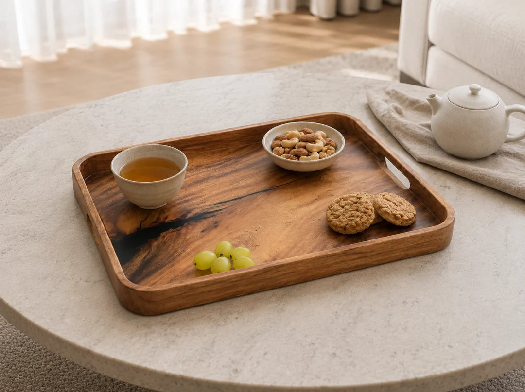 ST07 Amber Plain Black epoxy snack tray with handcrafted resin and natural-grain detail