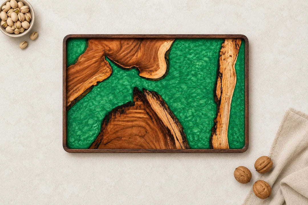 ST08 Emerald Mosaic emerald green epoxy snack tray with handcrafted resin and natural-grain detail