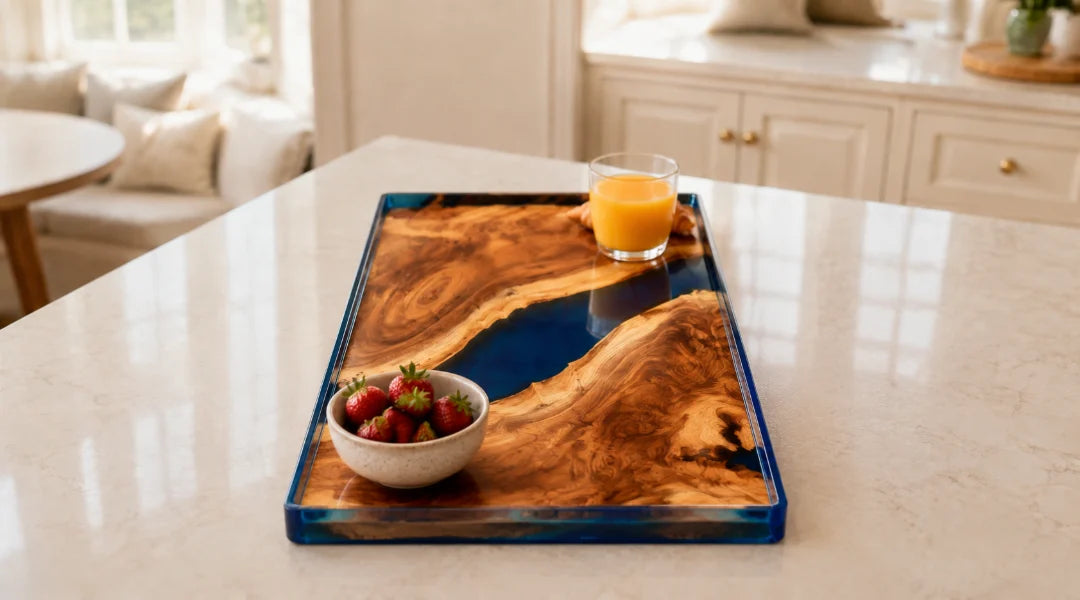 ST09 Blue Current royal blue epoxy snack tray with handcrafted resin and natural-grain detail