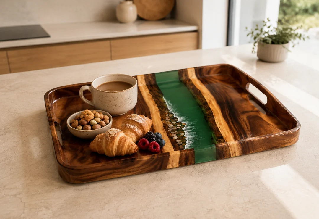 ST10 Green Channel forest green epoxy snack tray with handcrafted resin and natural-grain detail