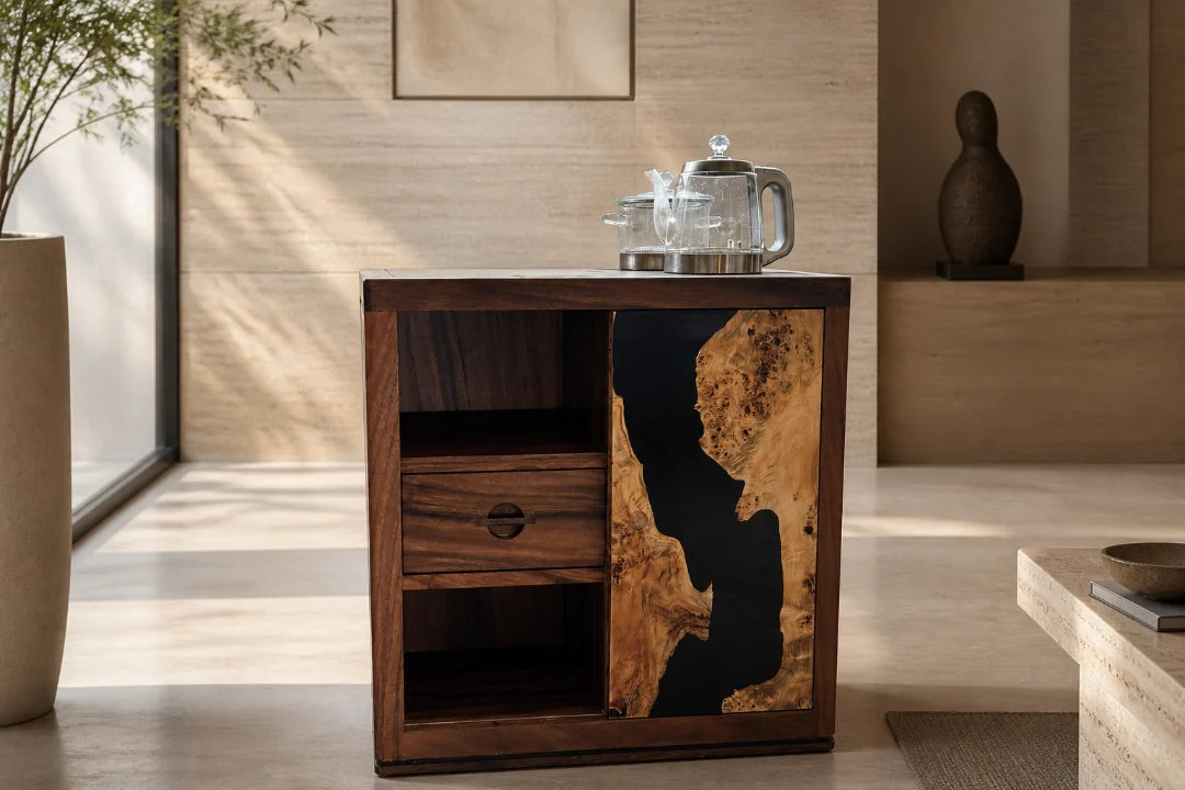 TBC01 Organic Eclipse jet black tea and beverage cabinet with handcrafted resin and natural-grain detail