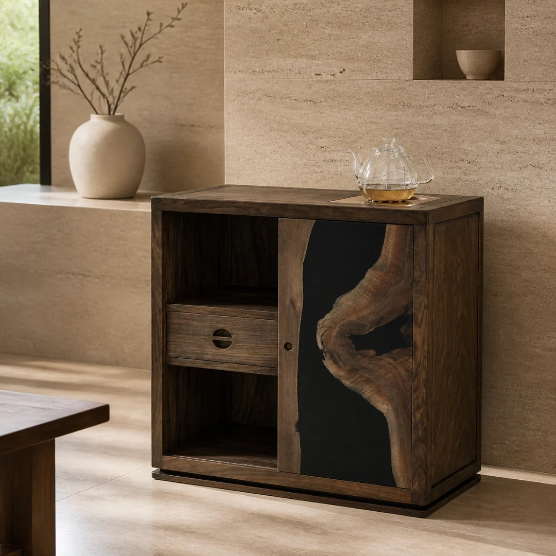 TBC02 Dark Current smoky black tea and beverage cabinet with handcrafted resin and natural-grain detail