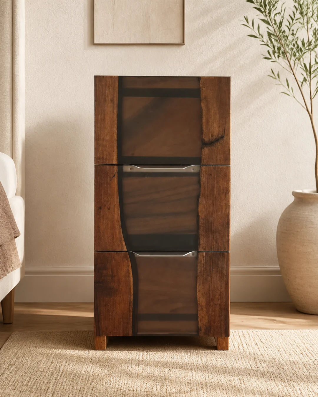TBC03 Glass Channel smoky gray tea and beverage cabinet with handcrafted resin and natural-grain detail