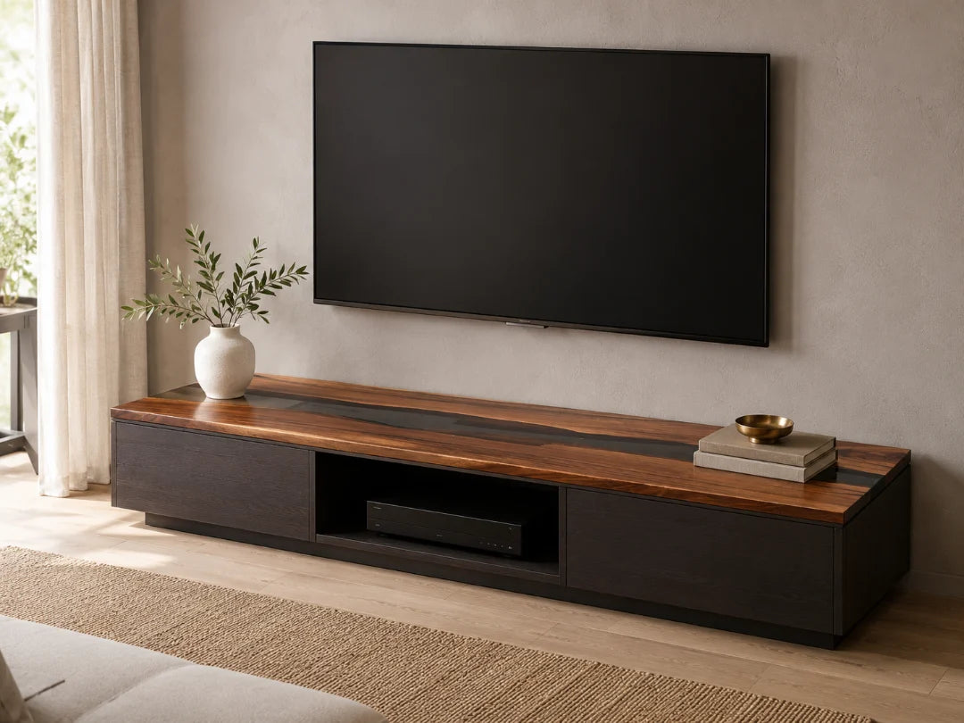 TVS09 Smoke Ribbon smoky black tv stand with handcrafted resin and natural-grain detail