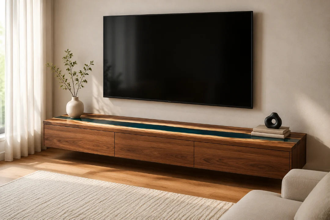 TVS10 Teal Inlet teal blue tv stand with handcrafted resin and natural-grain detail