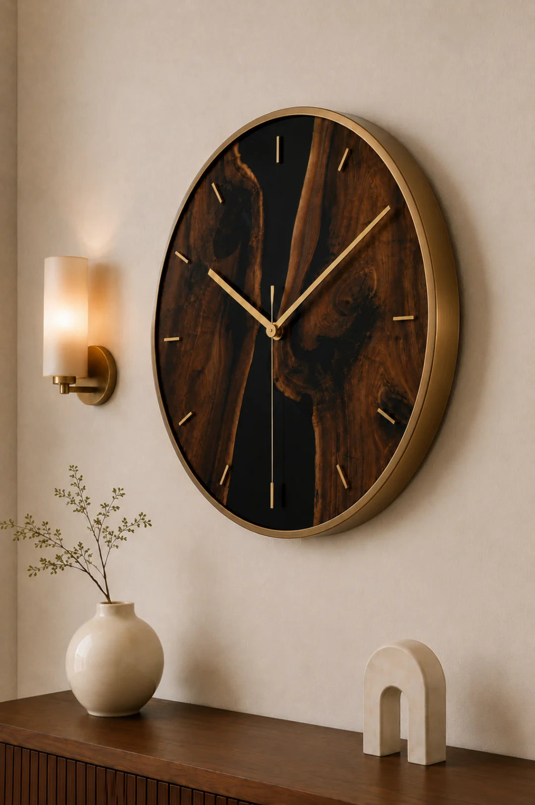 WC01 Midnight Divide jet black epoxy wall clock with handcrafted resin and natural-grain detail