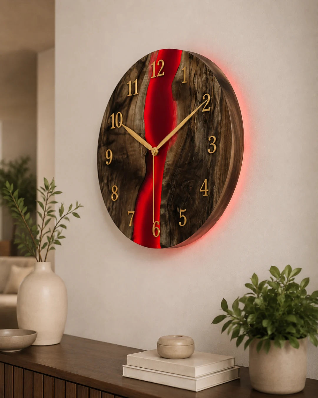 WC02 Crimson River ruby red epoxy wall clock with handcrafted resin and natural-grain detail