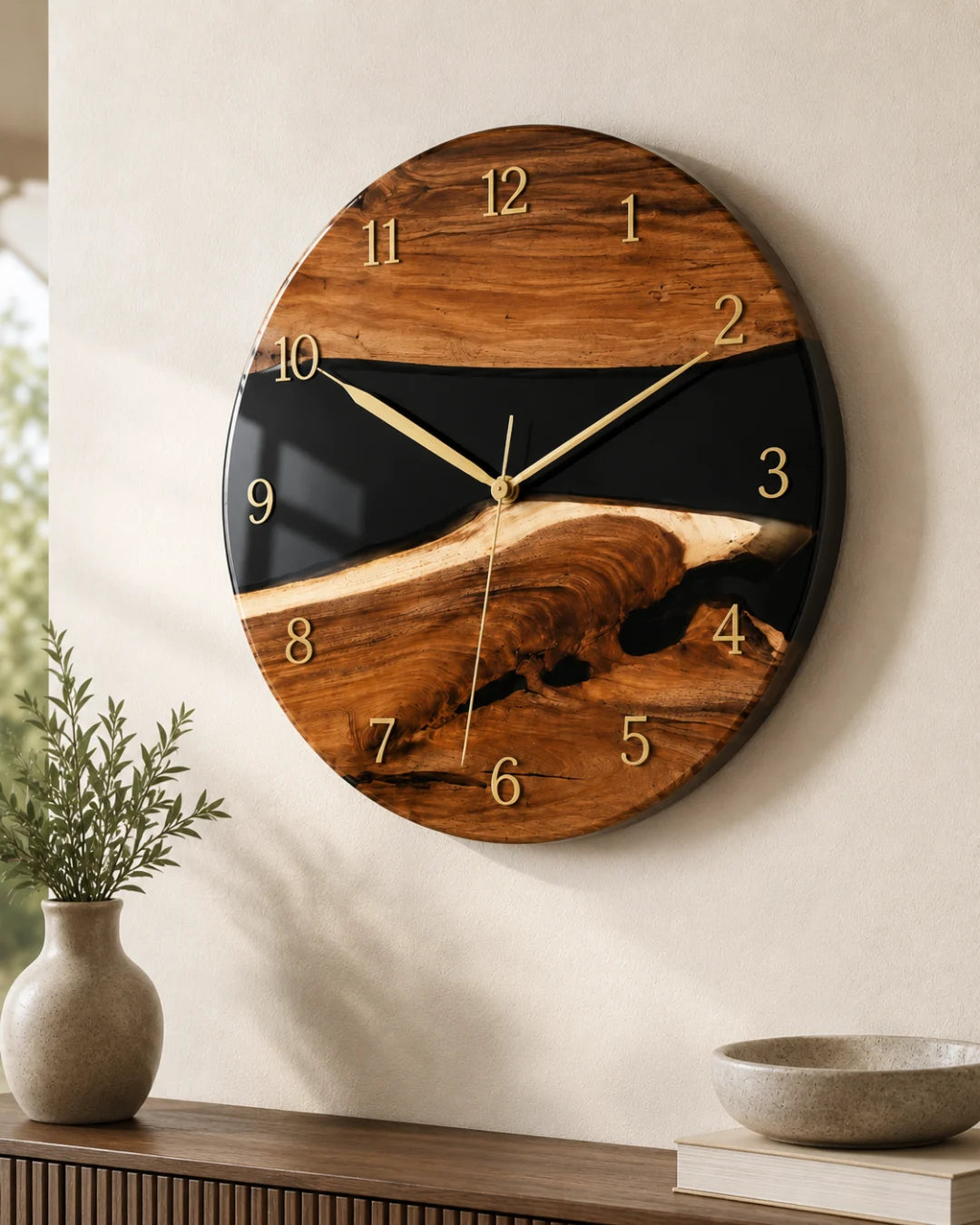 WC03 Black Passage jet black epoxy wall clock with handcrafted resin and natural-grain detail