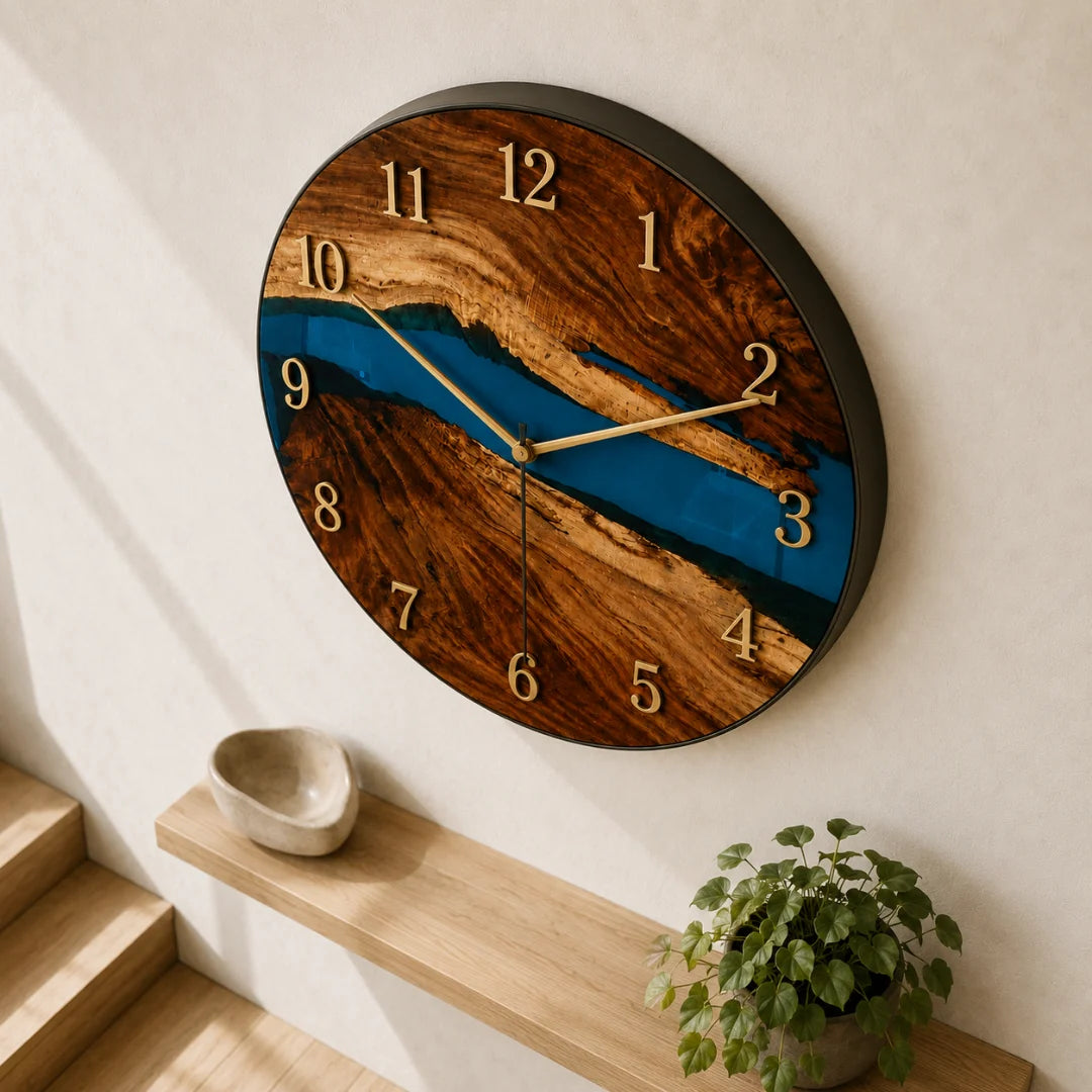 WC04 Blue Estuary ocean blue epoxy wall clock with handcrafted resin and natural-grain detail
