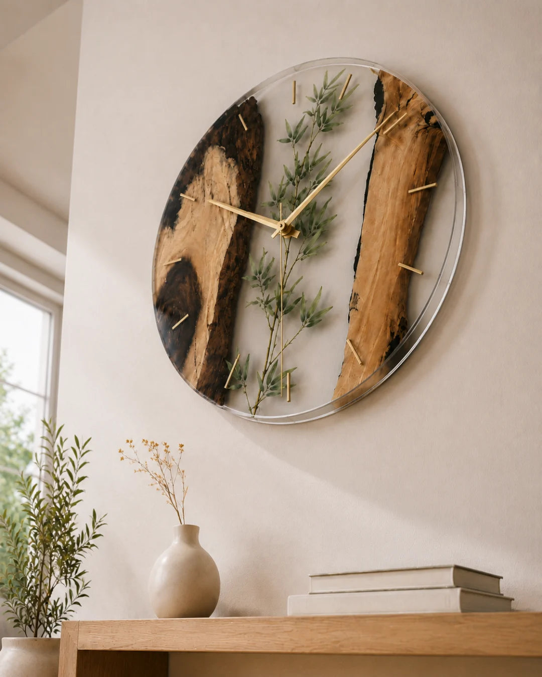 WC05 Botanical Window crystal clear botanical epoxy wall clock with handcrafted resin and natural-grain detail