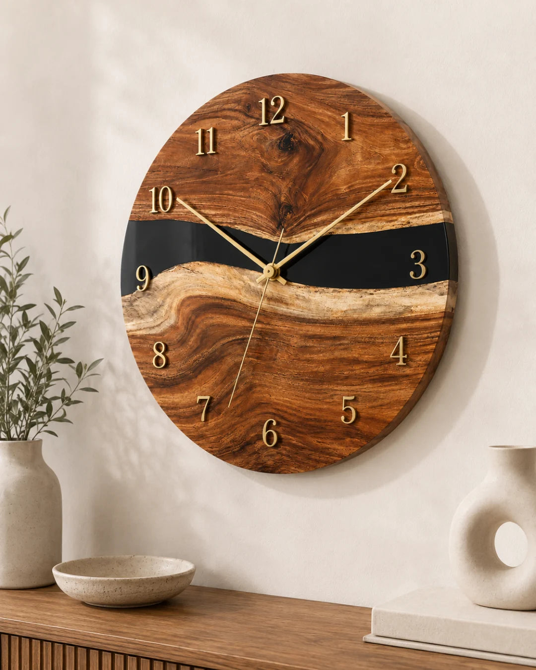 WC06 Quiet Current smoky black epoxy wall clock with handcrafted resin and natural-grain detail
