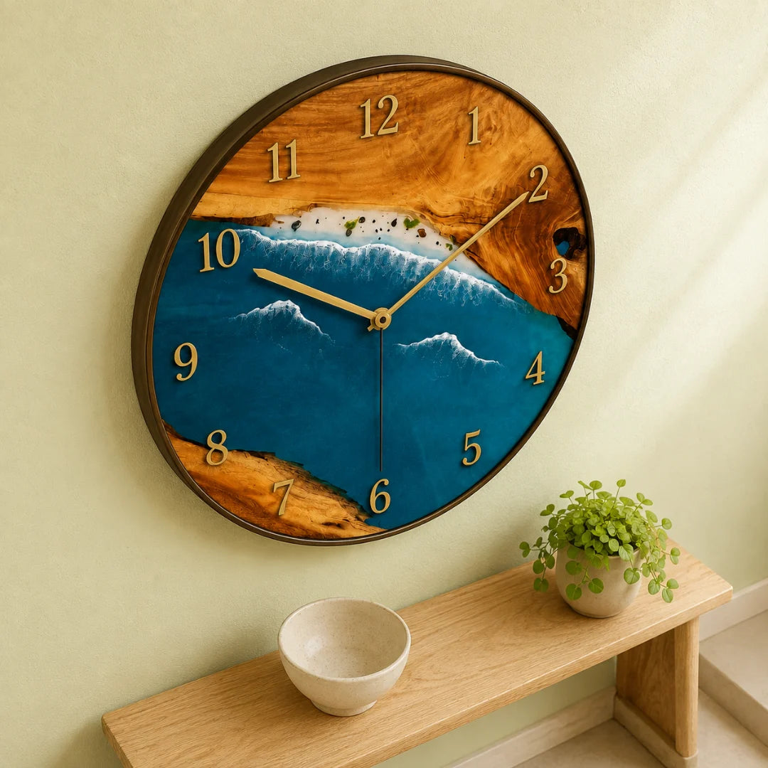 WC07 Ocean Break ocean blue and pearl white epoxy wall clock with handcrafted resin and natural-grain detail