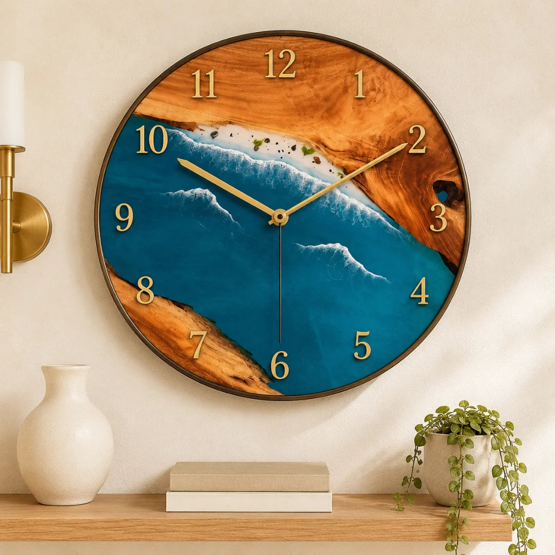 Ocean Break Ocean Blue and Pearl White Epoxy Wall Clock WC07