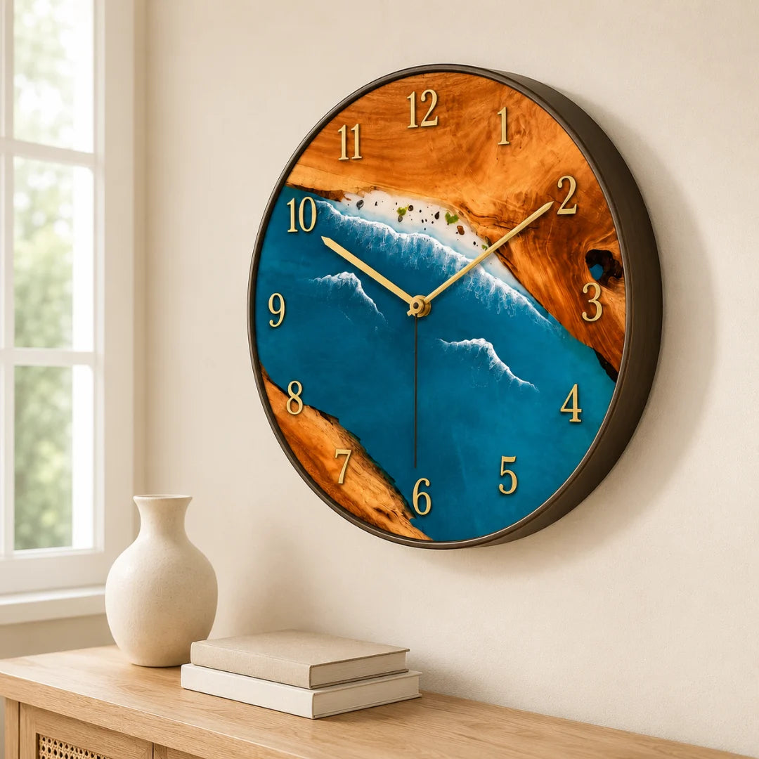 Ocean Break Ocean Blue and Pearl White Epoxy Wall Clock WC07