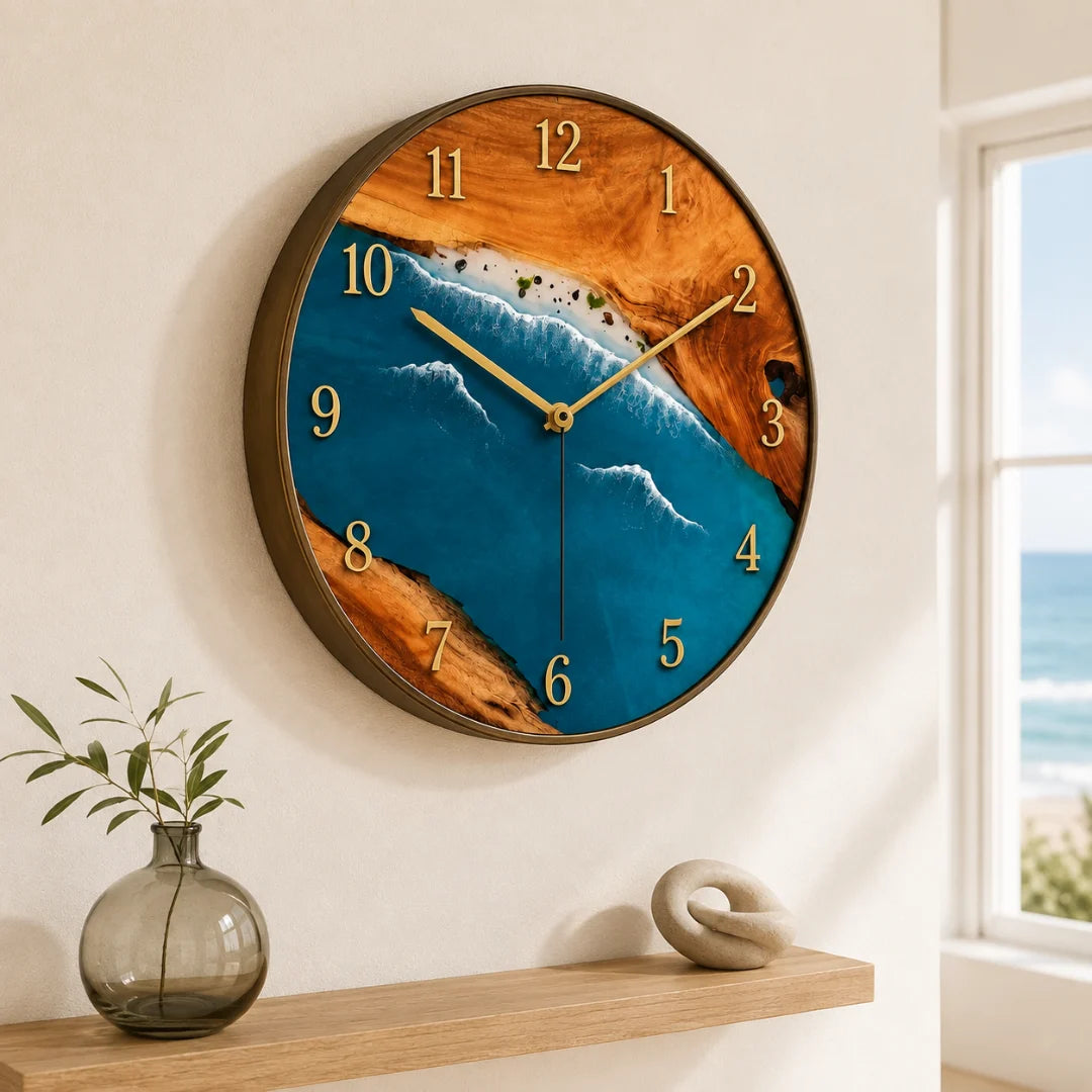 Ocean Break Ocean Blue and Pearl White Epoxy Wall Clock WC07